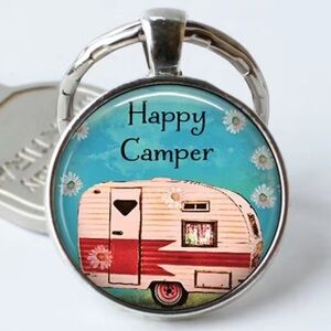 Happy Camper Keyring Fob Round Pendant Keepsake Gift Charm and Black Gift Pouch